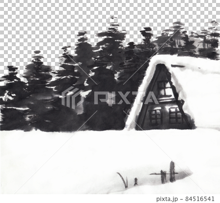 水墨画技法で描いた冬の民家のイラスト素材 [84516541] - PIXTA