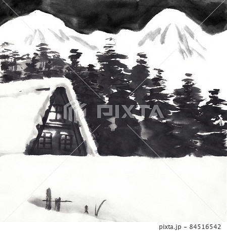 水墨画技法で描いた雪山と民家の風景のイラスト素材