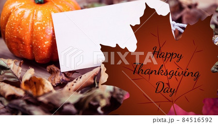 Composite image of autumn leaves, happy thanksgiving text and squash with copy space 84516592