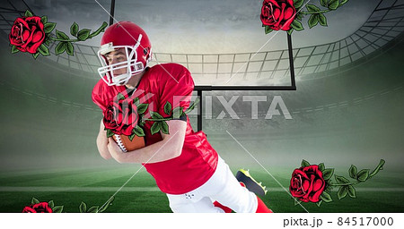 Digital composite image of male american football player catching falling rose against goal post 84517000