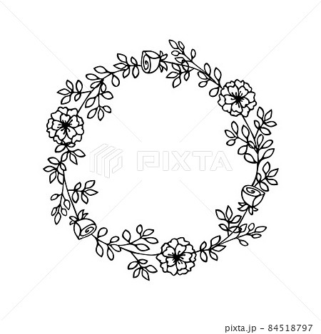 Wreath of simple twigs with flowers. Black lines on white background, sketch, Doodle style. Hand drawn vector illustration with copy space Wreath of simple twigs with flowers. Black lines on white background, sketch, Doodle style. Hand drawn vector illustration with copy space 84518797