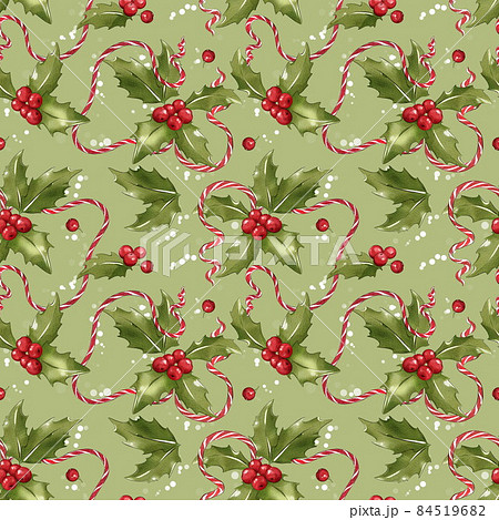 Christmas pattern with holly and satin ribbon. Seamless pattern for the new year. Christmas pattern with holly and satin ribbon. Seamless pattern for the new year. 84519682