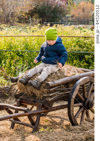 Old-fashioned little boy sitting at a vintage wooden carriage 84520512