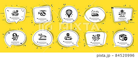 Transportation icons set. Speech bubble offer banners. Yellow coupon badge. Included icon as Medical helicopter, Transport insurance, Truck delivery signs. Vector 84520996