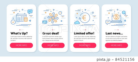 Set of Finance icons, such as Calendar, Exchange currency, Versatile symbols. Mobile screen app banners. Bitcoin line icons. Calculator device, Reshresh exchange rate, Multifunction. Vector 84521156
