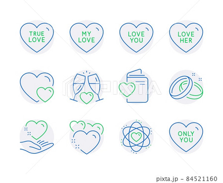 Love icons set. Included icon as Love document, Heart, Hearts signs. Wedding rings, Love her, Hold heart symbols. Atom, Wedding glasses, Only you line icons. Quality line icons. Vector Love icons set. Included icon as Love document, Heart, Hearts signs. Wedding rings, Love her, Hold heart symbols. Atom, Wedding glasses, Only you line icons. Quality line icons. Vector 84521160