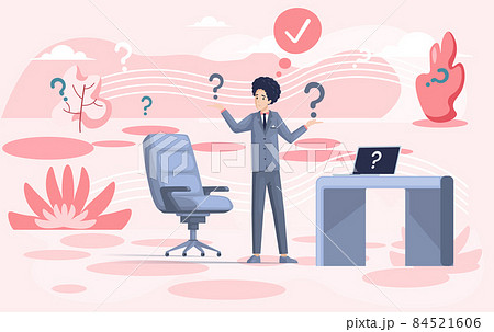 Businessman making decision looking at question mark. Person thinking about problem, doing choice Businessman making decision looking at question mark. Person thinking about problem, doing choice 84521606