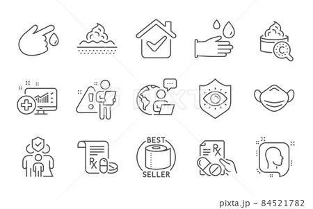 Prescription drugs, Skin care and Eye protection line icons set. Collagen skin, Head and Medical prescription signs. Medical analytics, Blood donation and Toilet paper symbols. Line icons set. Vector 84521782