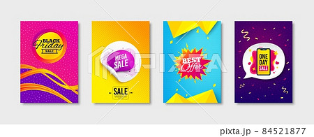 Mega sale, Best offer and Black friday promo label set. Sticker template layout. One day sign. Banner sticker, Flyer shape, Banner tag. Sale offer. Promotional tag set. Speech bubble banner. Vector 84521877