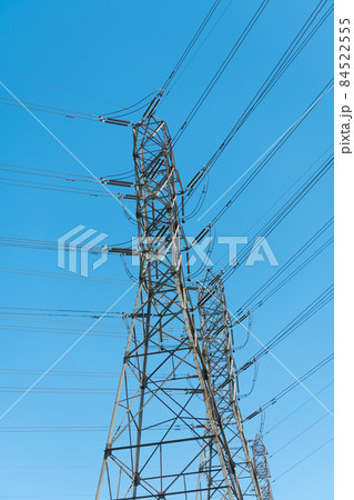 powerful substation on sky background with nobody. electrical power lines. 84522555