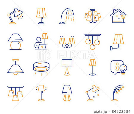 Lamps line icons. Spotlight led, Table Lamp and Floor Light. Modern chandelier, Electric light illuminate and Wall lamp icons. Lightbulb info, stand lamp and street light. Wall sconce. Vector 84522584