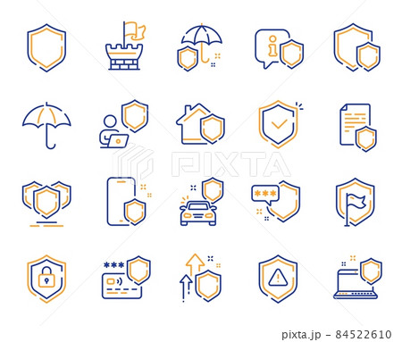 Defense line icons. Car insurance, Secure shield and Safe umbrella. Safety risk, Computer security and Defense privacy icons. Secure online information, Tower castle and protect shield. Vector 84522610