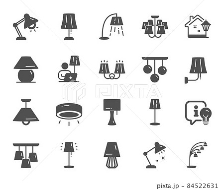 Lamps icons. Spotlight led, Table Lamp and Floor Light. Modern chandelier, Electric light illuminate and Wall lamp icons. Lightbulb info, stand lamp and street light. Wall sconce. Vector 84522631