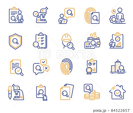 Inspection line icons. Quality research, Testing and Safety check icons. Microscope analysis, quality control and house verification. Inspect risk, safety research and fingerprint check. Vector 84522657