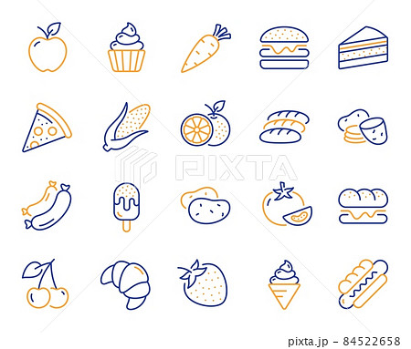 Food line icons. Vegetables, Fruits and Sweet Desserts icons. Potato slices, corn and fresh carrot. Strawberry, Apple and Orange. Cake, Ice cream and Cupcake icon. Pizza, burger and hotdog. Vector Food line icons. Vegetables, Fruits and Sweet Desserts icons. Potato slices, corn and fresh carrot. Strawberry, Apple and Orange. Cake, Ice cream and Cupcake icon. Pizza, burger and hotdog. Vector 84522658