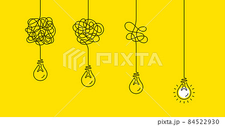 Simplify complex process background. Untangled problem, confuse, lightbulb idea concept. Trouble anxiety, simplify purpose and confuse mind. Think right, complex path and untangle solution. Vector 84522930