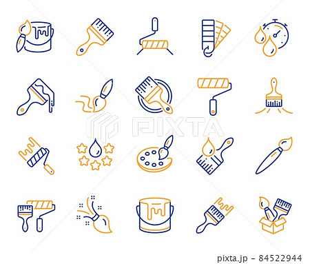 Paint brushes line icons. Color palette, Paint tin or bucket, Roller tool. Pantone samples, Dye quality, Creative art brush line icons. Finishing work, Painter tool and Dye color palette. Vector 84522944