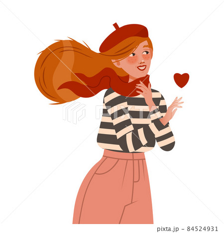 Happy romantic young woman with red heart in her hand vector illustration 84524931