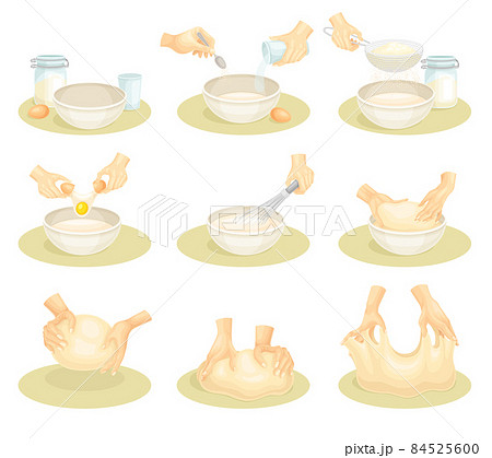 Human hands kneading dough. Bakery process, kneading pastry for cookies, bread, pizza vector illustration 84525600