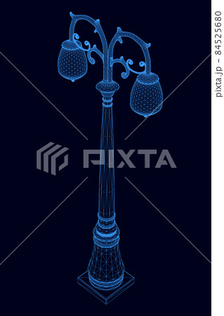 Wireframe of a street decorative lamp made of blue lines isolated on a dark background. Isometric view. 3D. Vector illustration 84525680