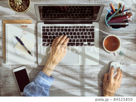 Work from home, online shopping, learning. Top view. Distance education. Work from home, online shopping, learning. Top view. Distance education. 84525850