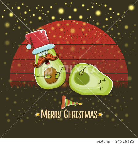 Merry chirstmas vector funky greeting card with santa claus avocado character and his crazy friend isolated on vintage red background with sun. Vector funny christmas party poster design template 84526435