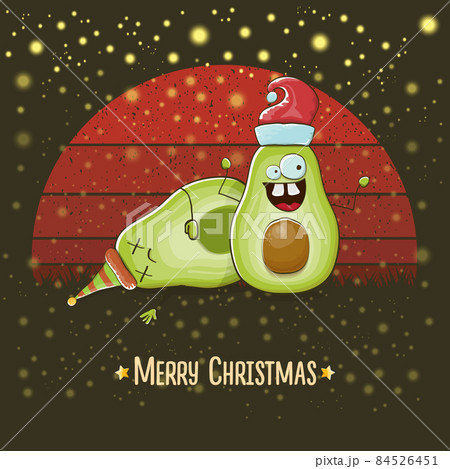 Merry chirstmas vector funky greeting card with santa claus avocado character and his crazy friend isolated on vintage red background with sun. Vector funny christmas party poster design template 84526451