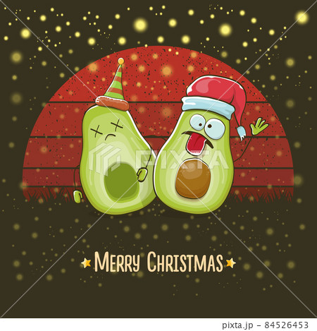 Merry chirstmas vector funky greeting card with santa claus avocado character and his crazy friend isolated on vintage red background with sun. Vector funny christmas party poster design template 84526453