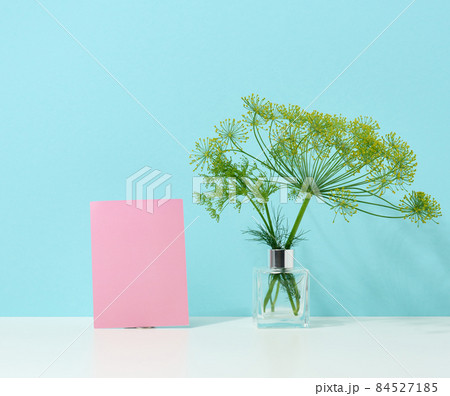 empty cardboard pink sheet of paper and glass vase with a bouquet of dill on a white table. Minimalism in the interior empty cardboard pink sheet of paper and glass vase with a bouquet of dill on a white table. Minimalism in the interior 84527185