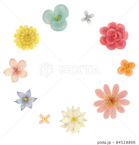 絵の具で手描きした花の円形のフレーム素材のイラスト素材 8456