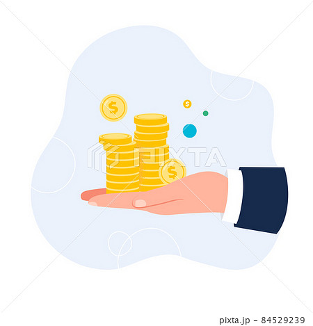 Hand holds stacks of coins. Vector flat illustration isolated on the white background. Hand holds stacks of coins. Vector flat illustration isolated on the white background. 84529239