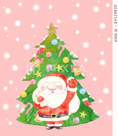 水彩イラスト素材：プレゼントを配りに来た可愛いサンタクロースと飾り付けしたモミの木　ピンク色背景 84529830