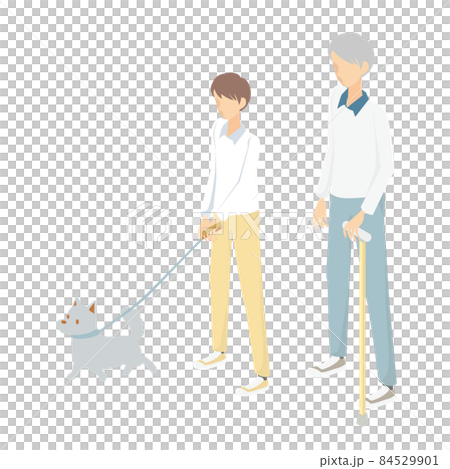 Grandfather and grandson take a walk with their pet dog 84529901