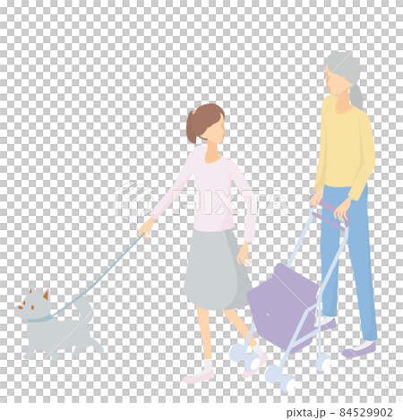 Grandmother and grandchildren taking a walk with their pet dog 84529902