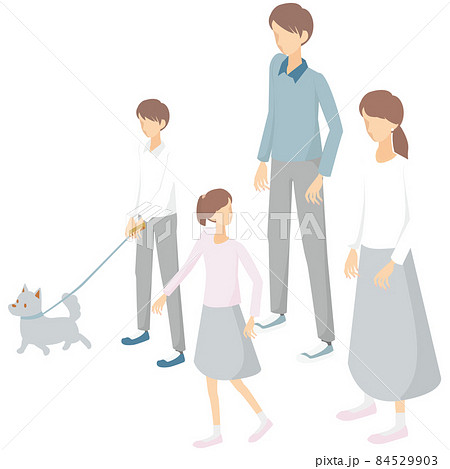 仲良く散歩する4人家族とペットの犬のイラスト素材
