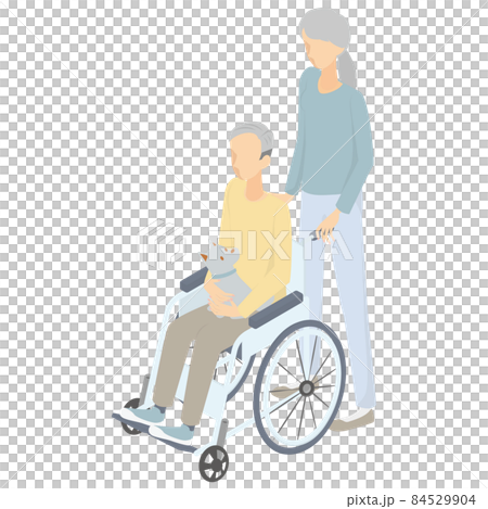 推輪椅的老年婦女和乘坐輪椅的老年男子和寵物狗等距 84529904