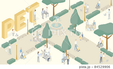 犬や猫と人々が明るく生活している街並みのアイソメイラスト 犬や猫と人々が明るく生活している街並みのアイソメイラスト 84529906