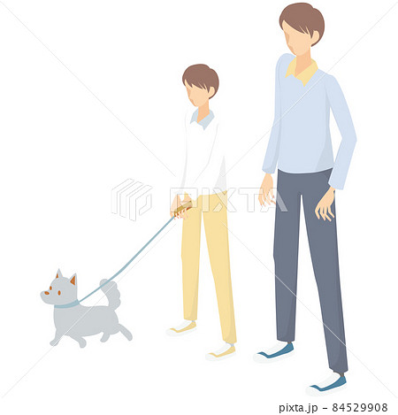 仲良くペットの犬の散歩をするお父さんと息子のイラスト素材