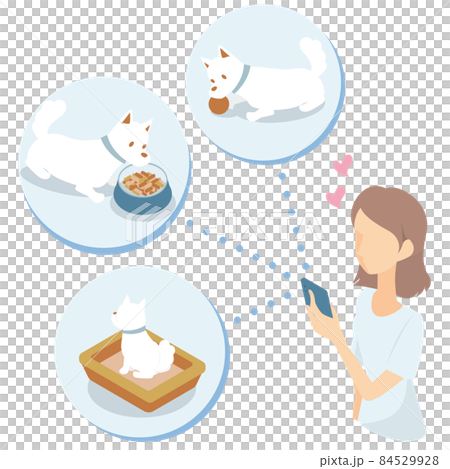 Isometric illustration of a woman checking the state of her dog on a smartphone through a camera installed at home 84529928