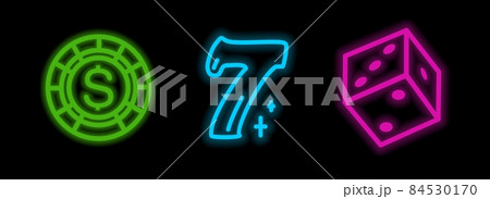Neon casino icons. Chips with dice. Neon-style templates. Vector illustration in doodle Neon casino icons. Chips with dice. Neon-style templates. Vector illustration in doodle 84530170