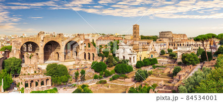 Roman Forum full panorama, view of the Basilica of Maxentius and Constantine, House of the Vestals and the Coliseum, Italy Roman Forum full panorama, view of the Basilica of Maxentius and Constantine, House of the Vestals and the Coliseum, Italy 84534001
