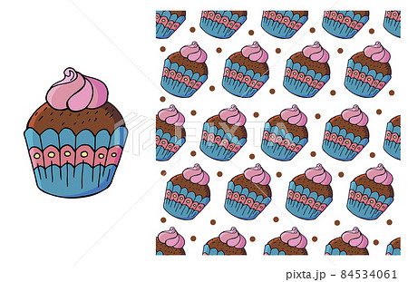 Cupcake, muffin. Set of element and seamless pattern 84534061