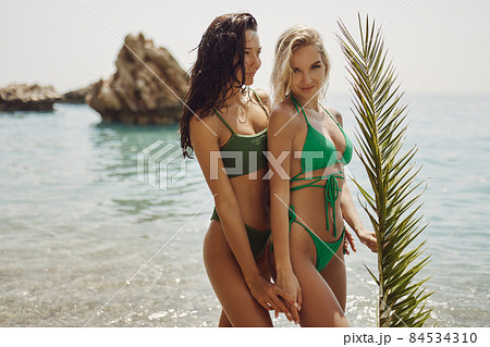 Beach Girls in Bikini With Palm Leaf During Summer Vacation Outdoors Beach Girls in Bikini With Palm Leaf During Summer Vacation Outdoors 84534310