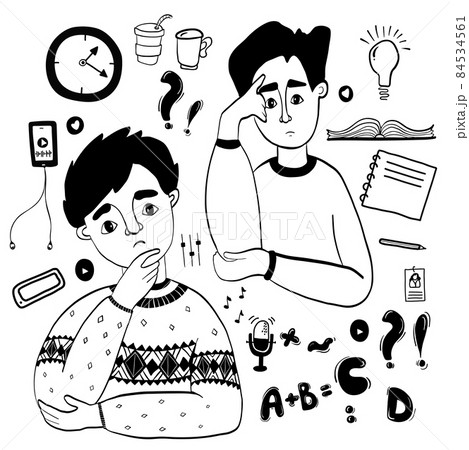 Set of line sketches with young men thinking, listening to podcast and solving problems. Vector illustration in hand drawn doodle style. Podcast, hobby and study concept. For decor, design, printing. Set of line sketches with young men thinking, listening to podcast and solving problems. Vector illustration in hand drawn doodle style. Podcast, hobby and study concept. For decor, design, printing. 84534561