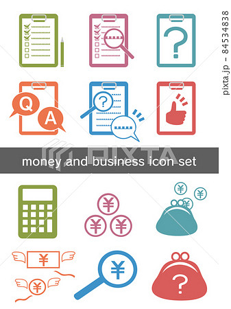 お金やチェックシートなど、ビジネスや投資・契約などに使えるアイコンセット 84534838
