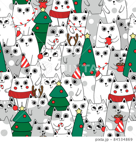 Christmas Seamless pattern background cute kittens in snow for winter. Doodle style 84534869