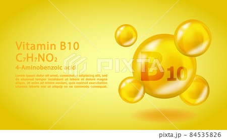 3D Vitamin molecule B10 4-Aminobenzoic acid design. Realistic B10 4-Aminobenzoic acid Vitamin drop. Yellow nutrition complex illustration. 84535826