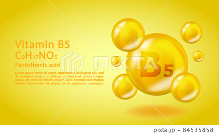 3D Vitamin molecule B5 Pantothenic design. Realistic B5 Pantothenic Vitamin drop. Yellow nutrition complex illustration. 84535858