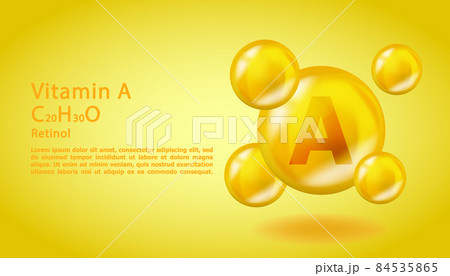 3D Vitamin molecule A Retinol design. Realistic A Retinol Vitamin drop. Yellow nutrition complex illustration. 84535865