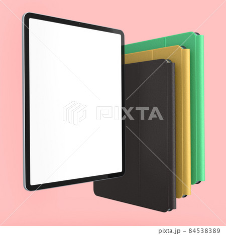 Set of computer tablets with cover case and blank screen isolated on pink. 84538389